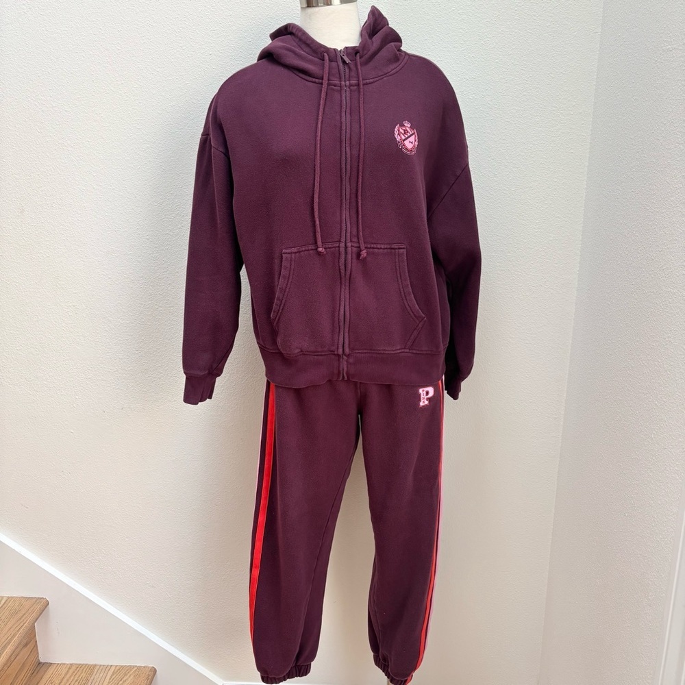 Victorias Secret Hoodie Sweatpants Sweatsuit Set Fleece Jogger Pink Red Size Xs - Picture 2 of 16